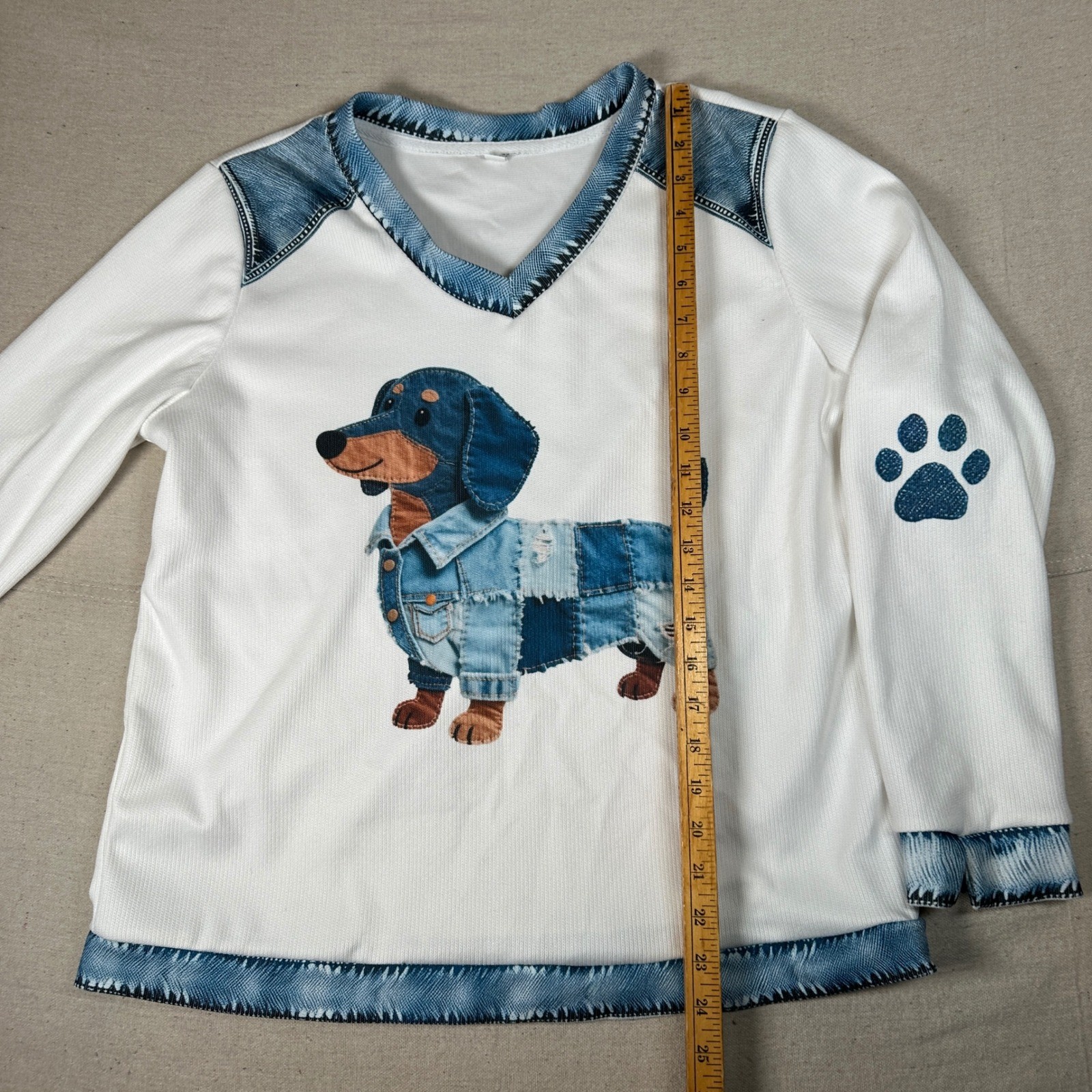 Dachshund Wiener Dog Patchwork Denim Look V-Neck Top White Small