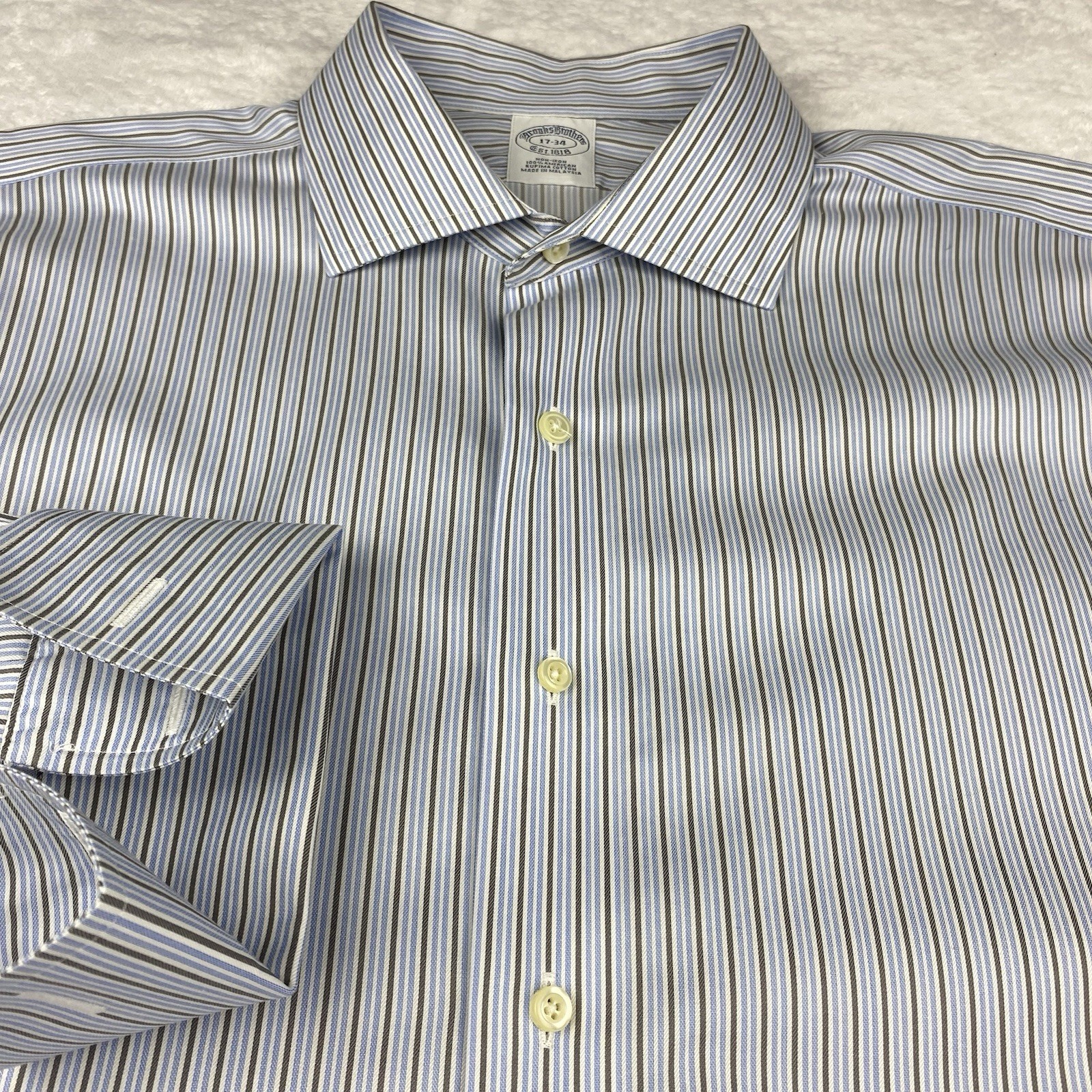 Brooks Brothers Dress Shirt Men’s 17-34 Blue/Olive Stripes French Cuffs No Iron