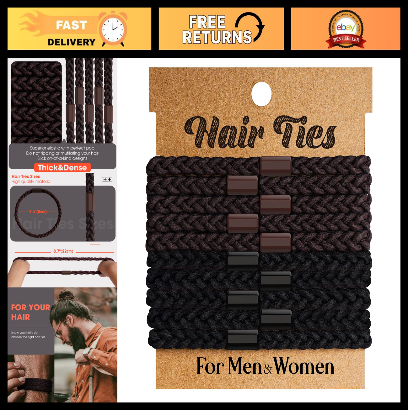 10pcs No Crease Braided Hair Ties for Men & Women – Elastic Coils for Thick Hair