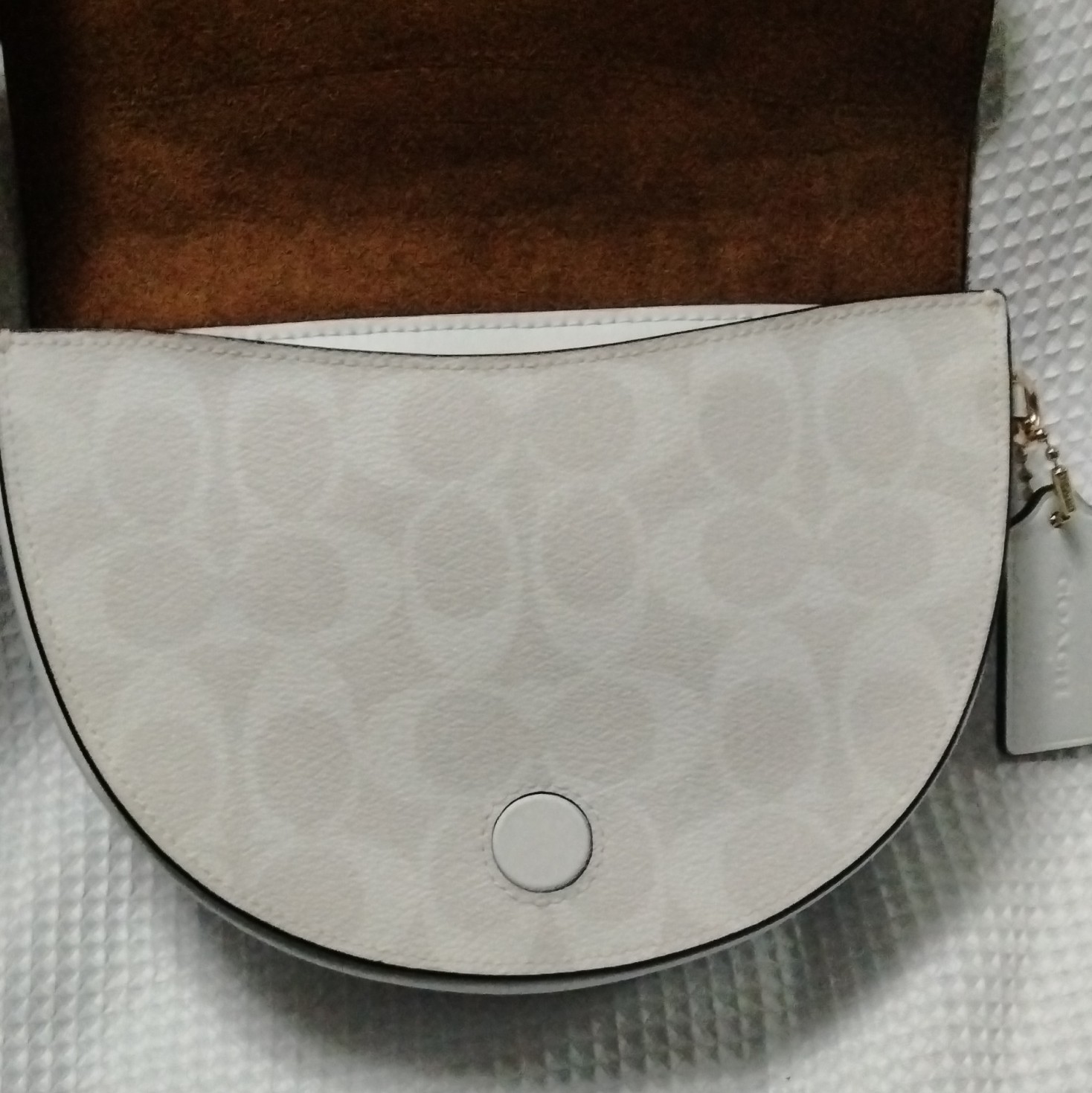 Coach White Monogram Semi-Circle Small Crossbody, Zip/Snap, Adj Strap Gold