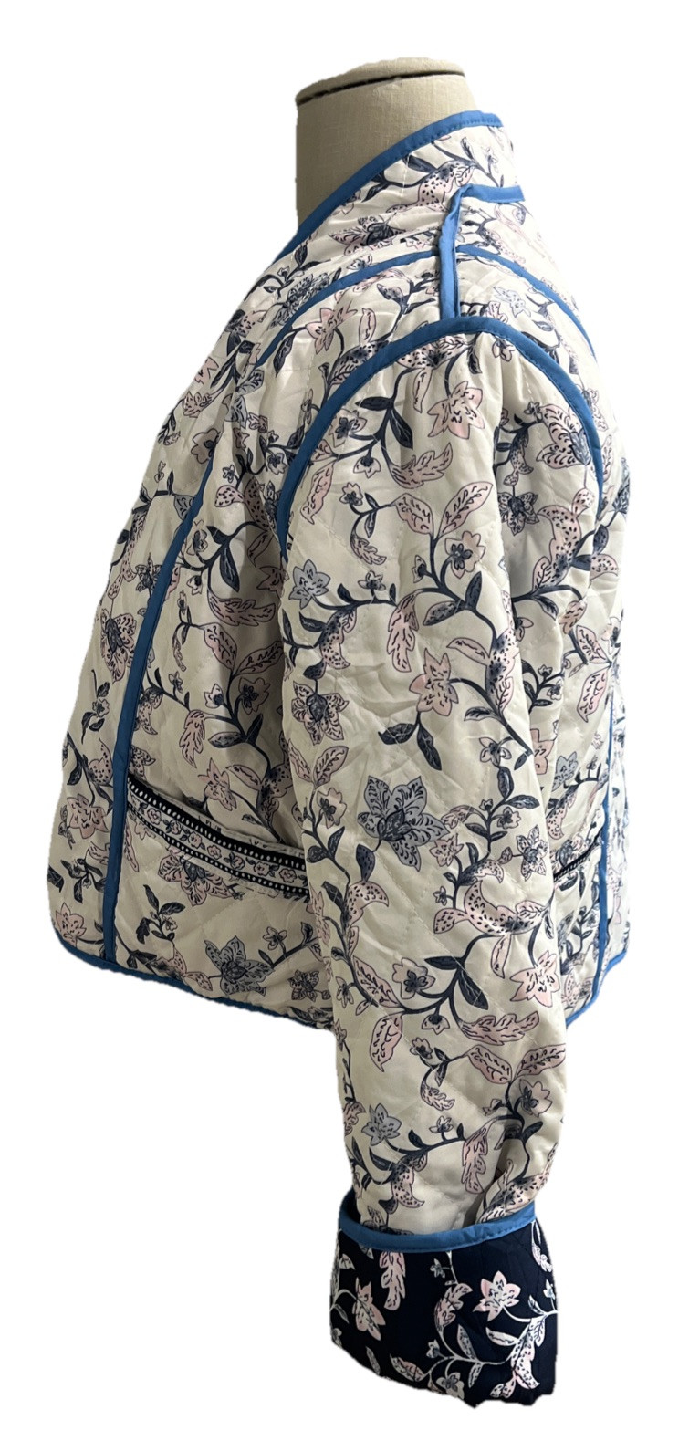 Reversible Quilted Jacket Cropped Sz MED* Navy Blue Floral Ivory/Pink