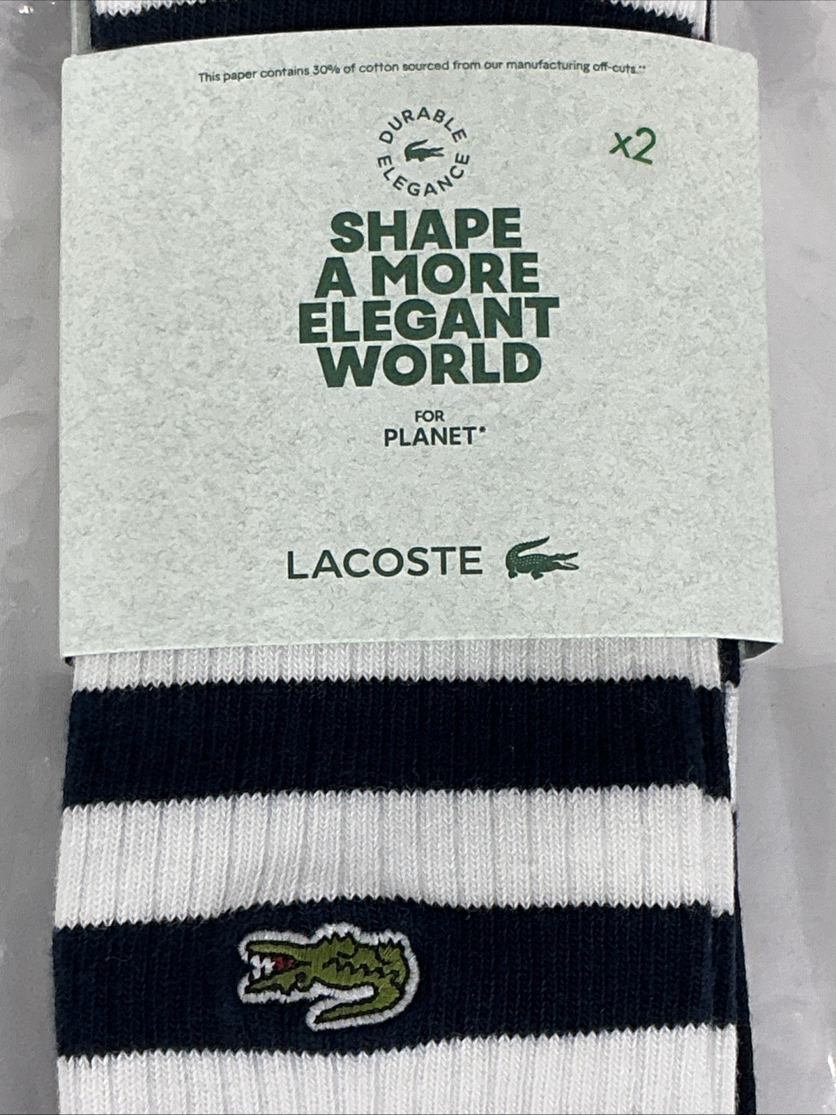 Lacoste NWT 2 Pack Size 10-12 Navy & White Striped Logo Ribbed Cuff Crew Socks