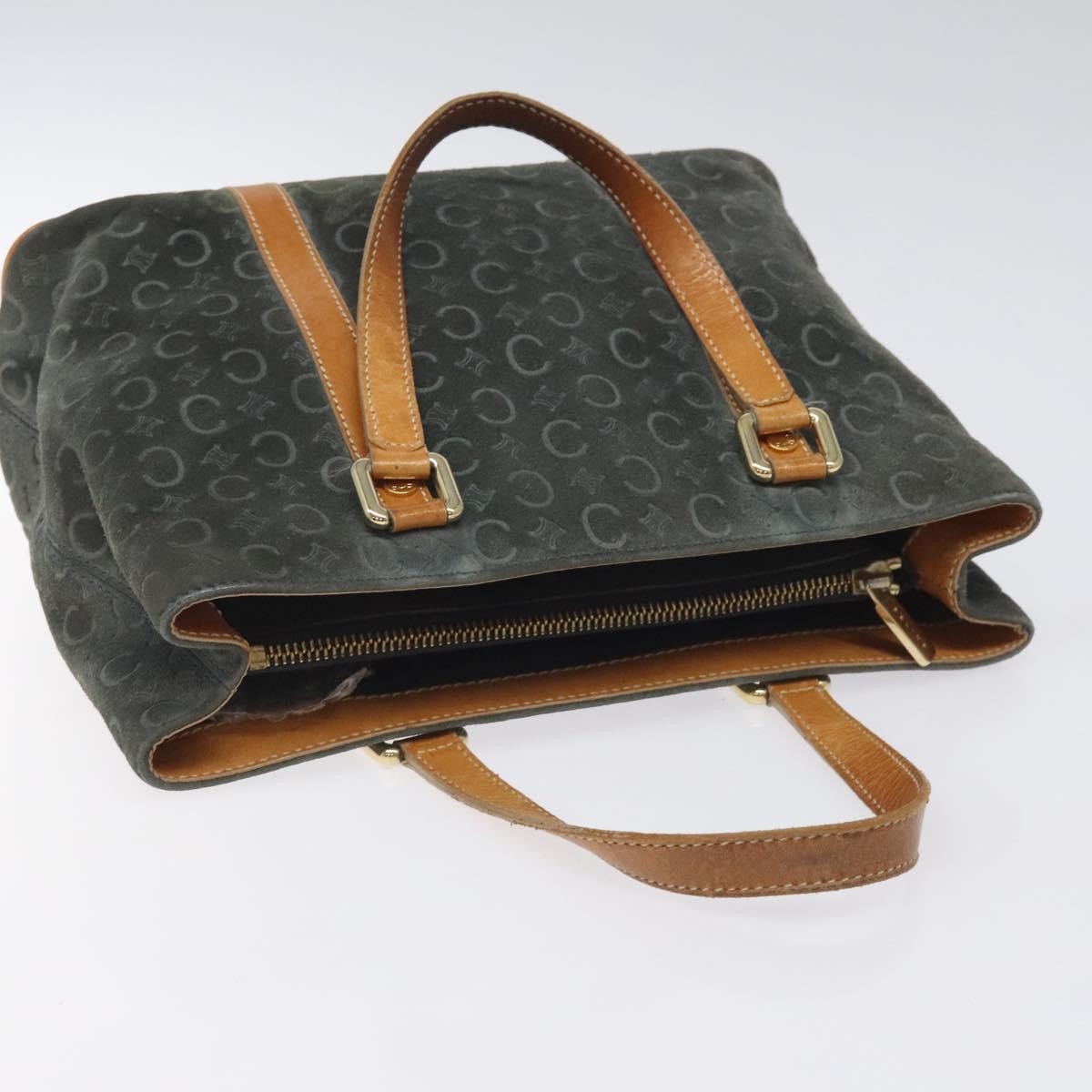 CELINE C Macadam Canvas Hand Bag Suede Gray Gold Auth mr1055