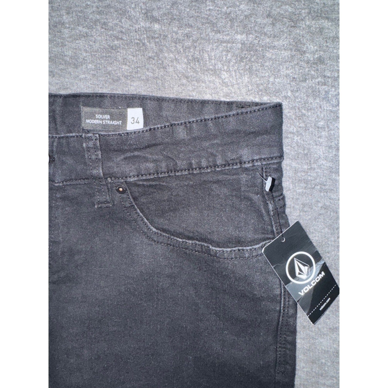 Volcom Mens Solver Modern Straight Stretch Denim Black Jeans Dark Wash 34×30 NEW