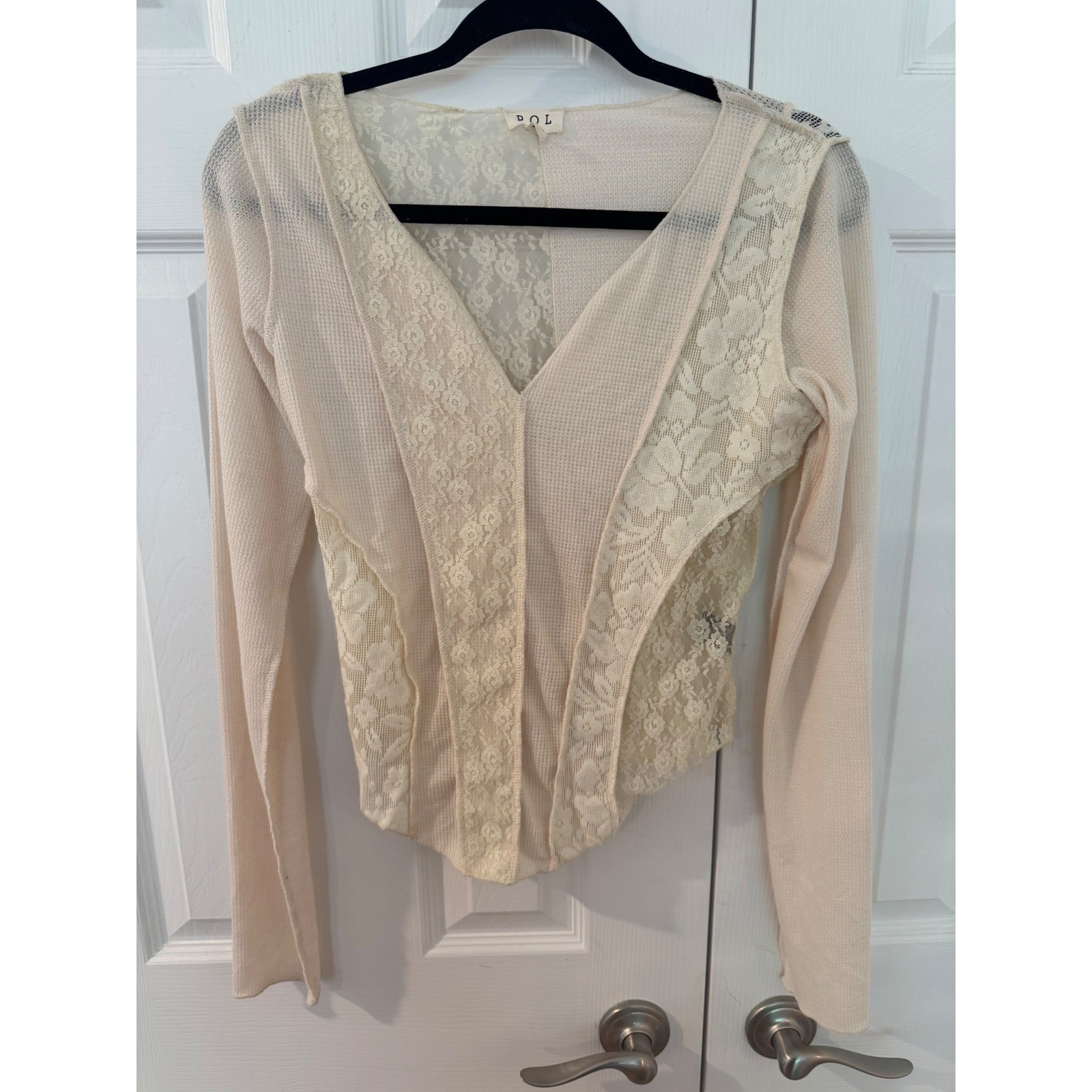 POL Cream Thermal Lace Panel V-Neck Long Sleeve Top whimsy Boho Coquette Medium