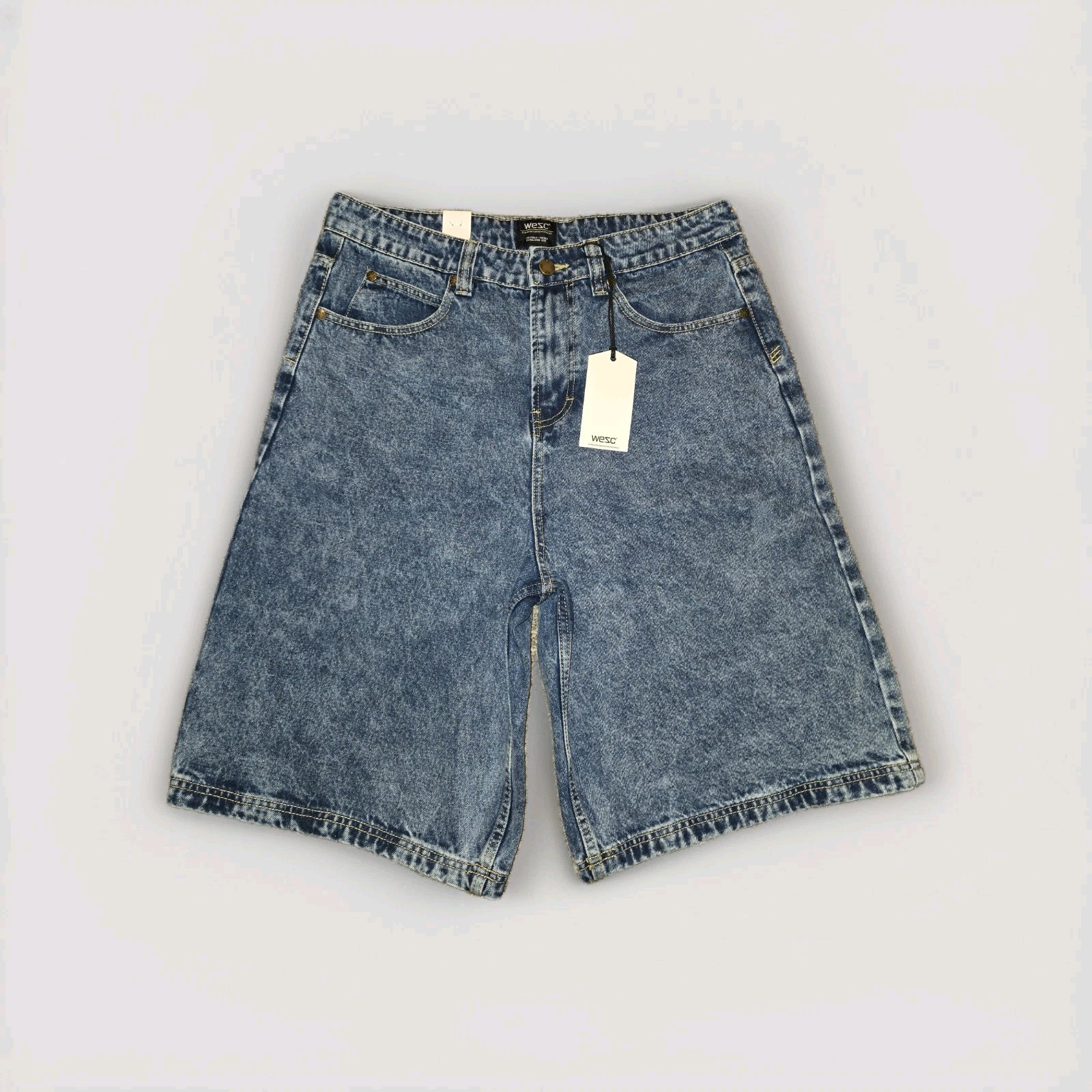 WESC Unisex Denim Long Shorts Mid Wash Size 32 Blue NWT Baggy Oversized High Ris