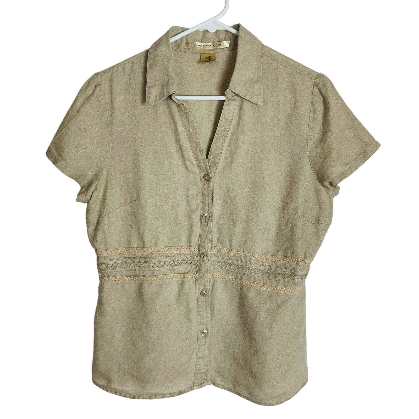 Ecologie Womens Linen Shirt Top M Tan Short Sleeve Button Up Coastal Lagenlook