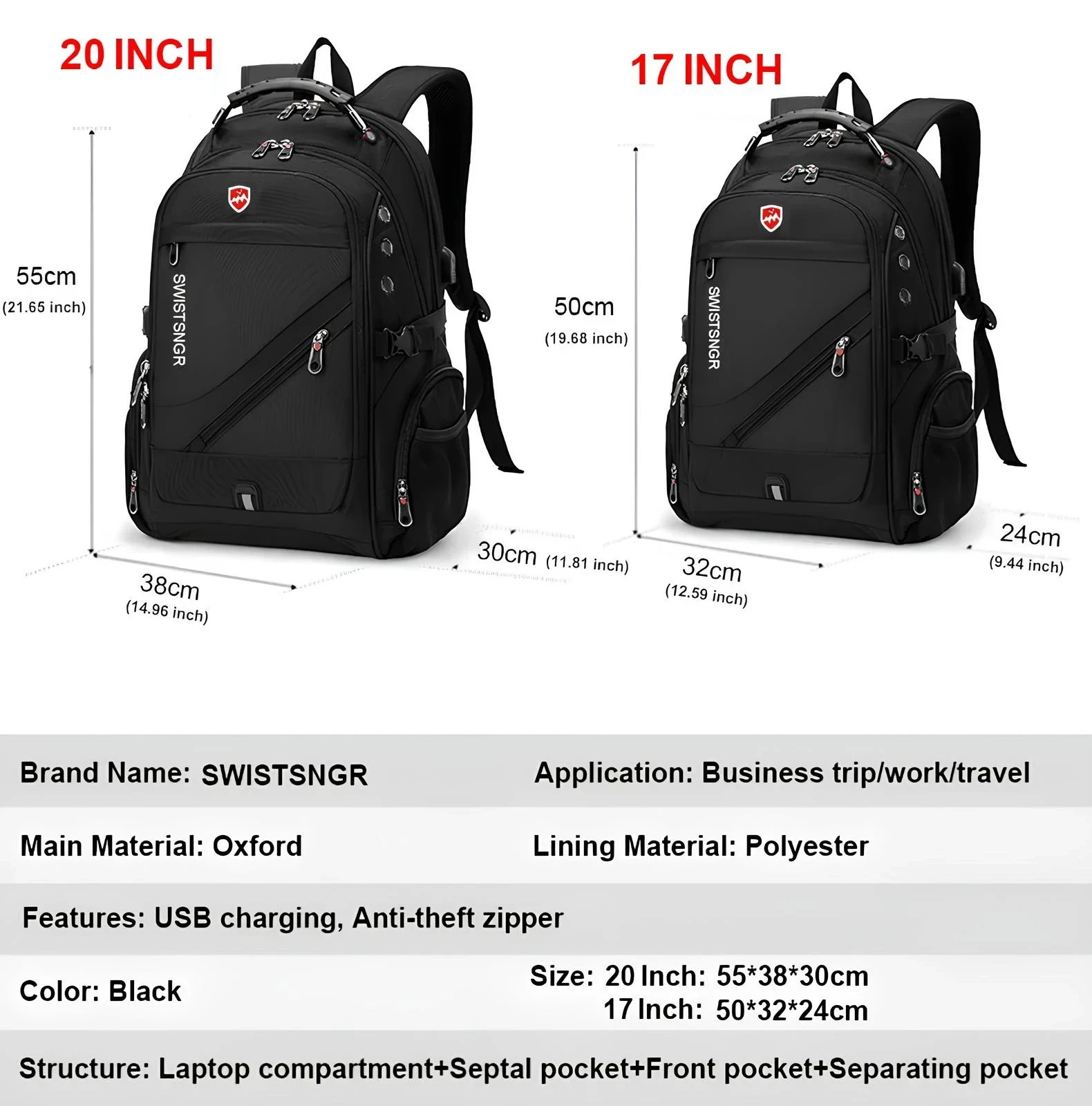 Waterproof 17.3/20 Inch Laptop Backpack Men USB Charging Swiss Backpack Travel
