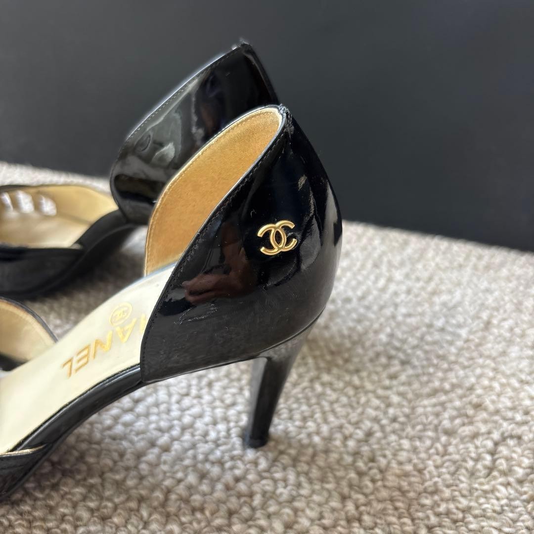 CHANEL Open Toe High Heels 36.5 Black Patent Leather 7.1-10cm Heel