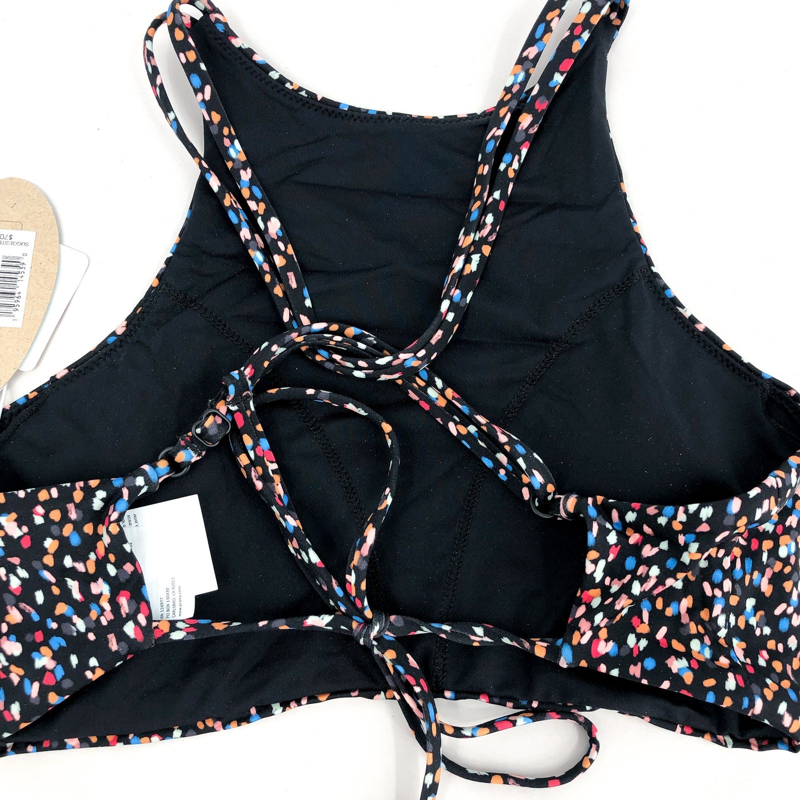 PRANA Women’s Onyx Bay Bikini Top Medium Black Alotta Dots High Neck NWT