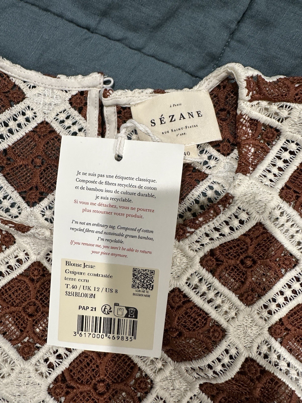 Sezane Jesse Blouse Earth Contrasting Guipure Lace Size 8 US/40 EU NWT