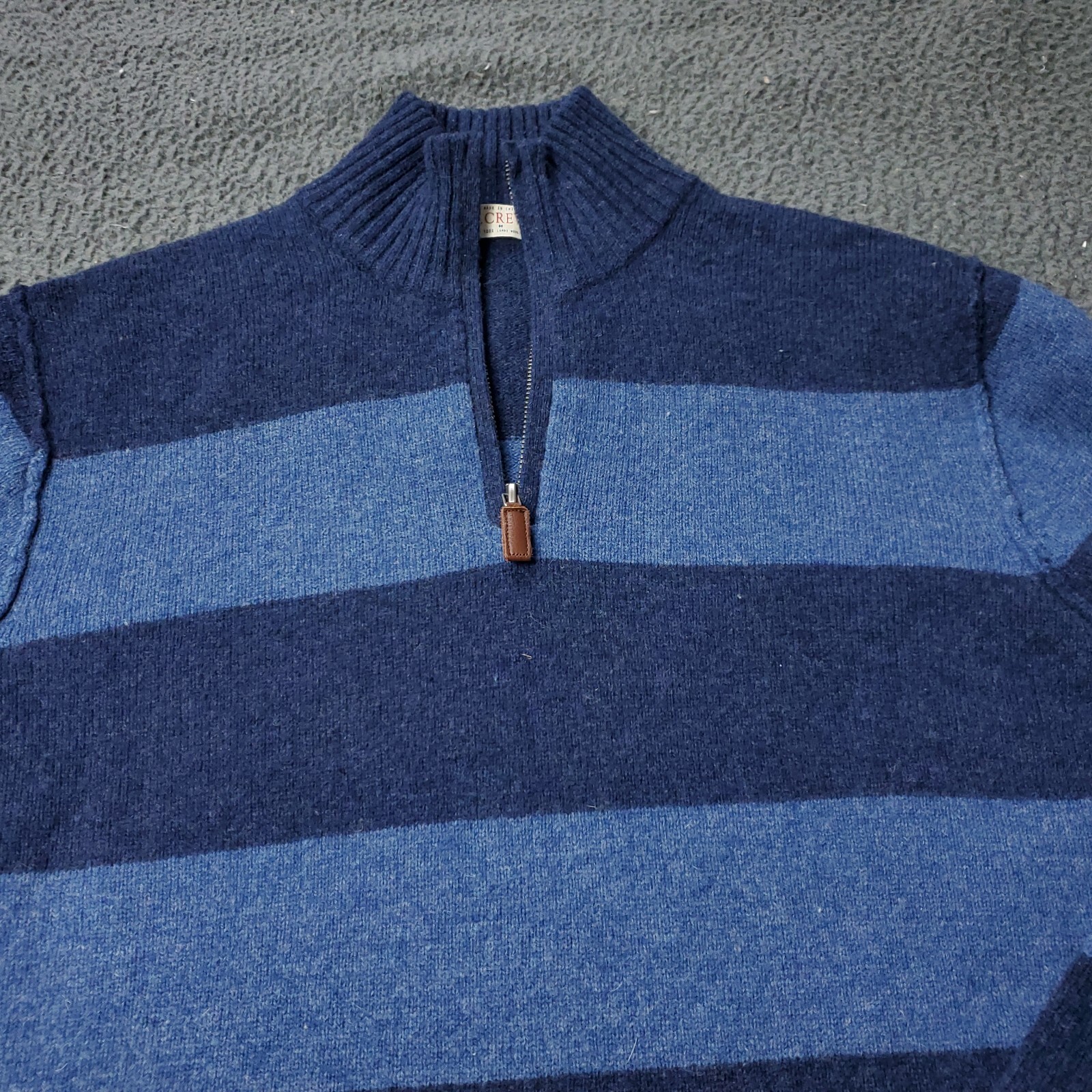 J. Crew Lambswool Sweater Mens L Large Pullover Zip Up Cotton Blue Striped