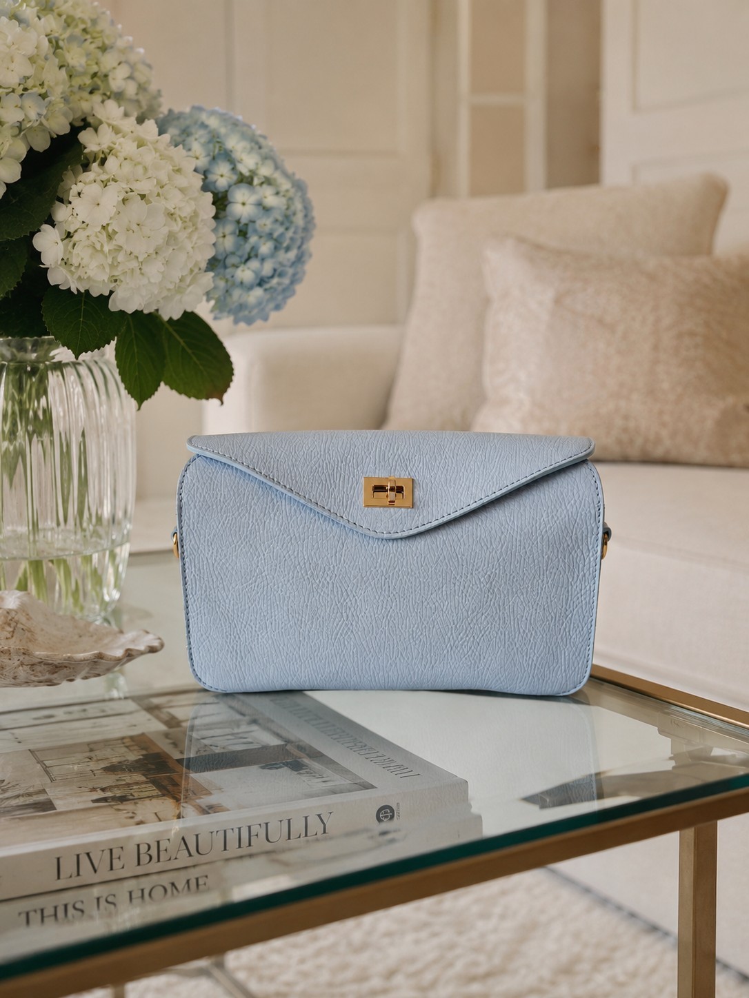 Powder Blue Italian Leather Crossbody Bag, Genuine Pebbled Leather Purse