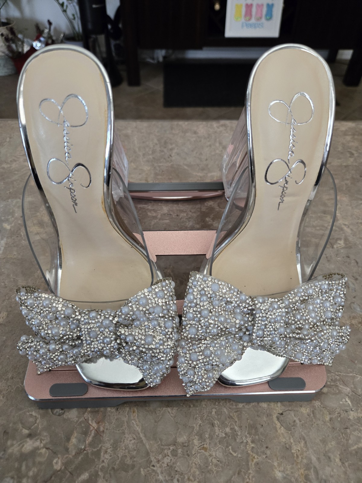 Jessica Simpson Saidah Pearl/ Rhinestone Bow Clear Dress Slide Sandals . Size 5