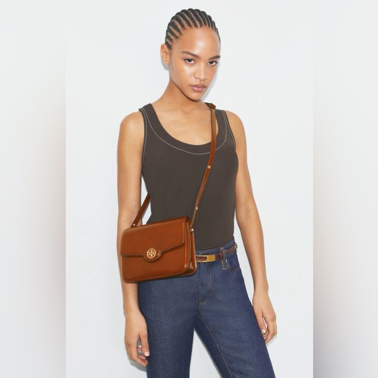 Tory Burch Robinson Spazzolato Leather Shoulder Bag Dark Sienna Brown Patent