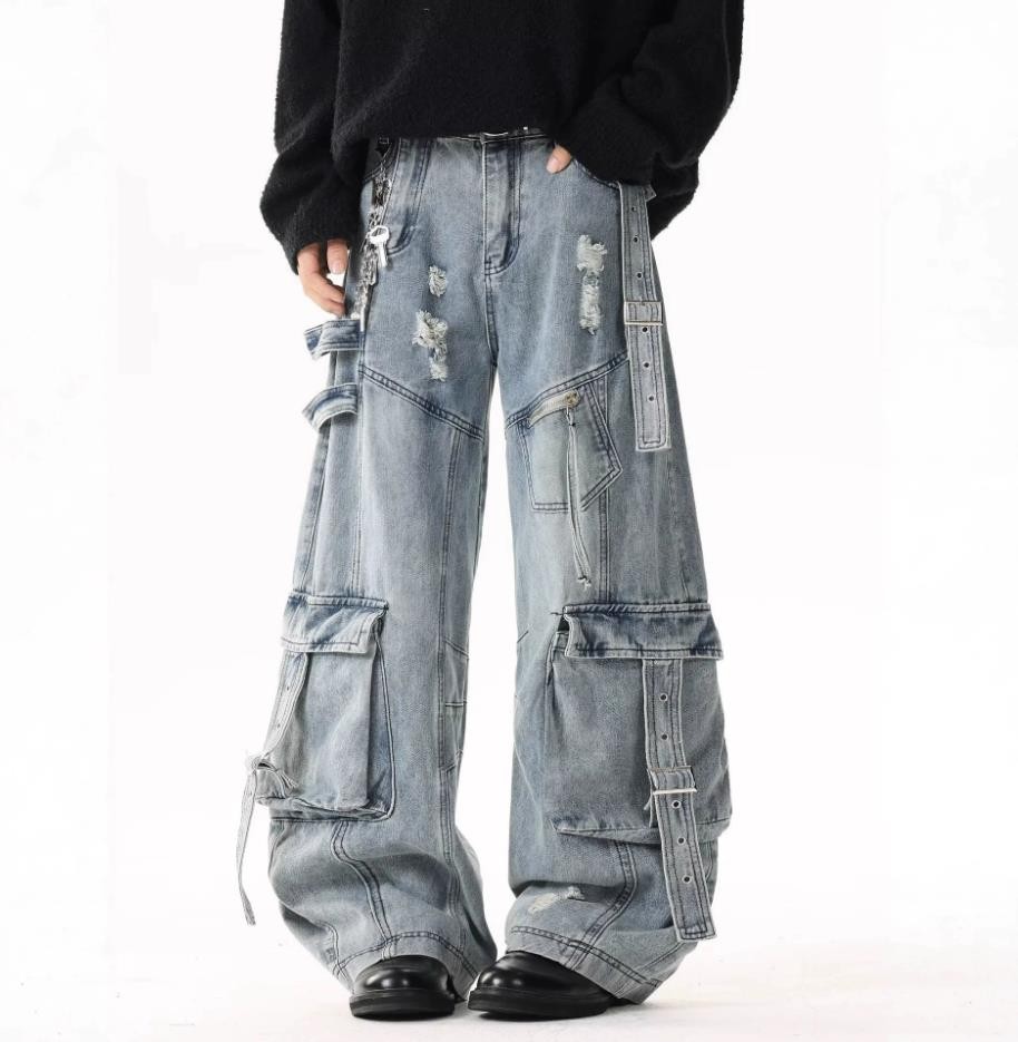 Mens Blue Denim Jeans Straight Wide Leg Casual Punk Hip Hop Pants Ripped Pockets