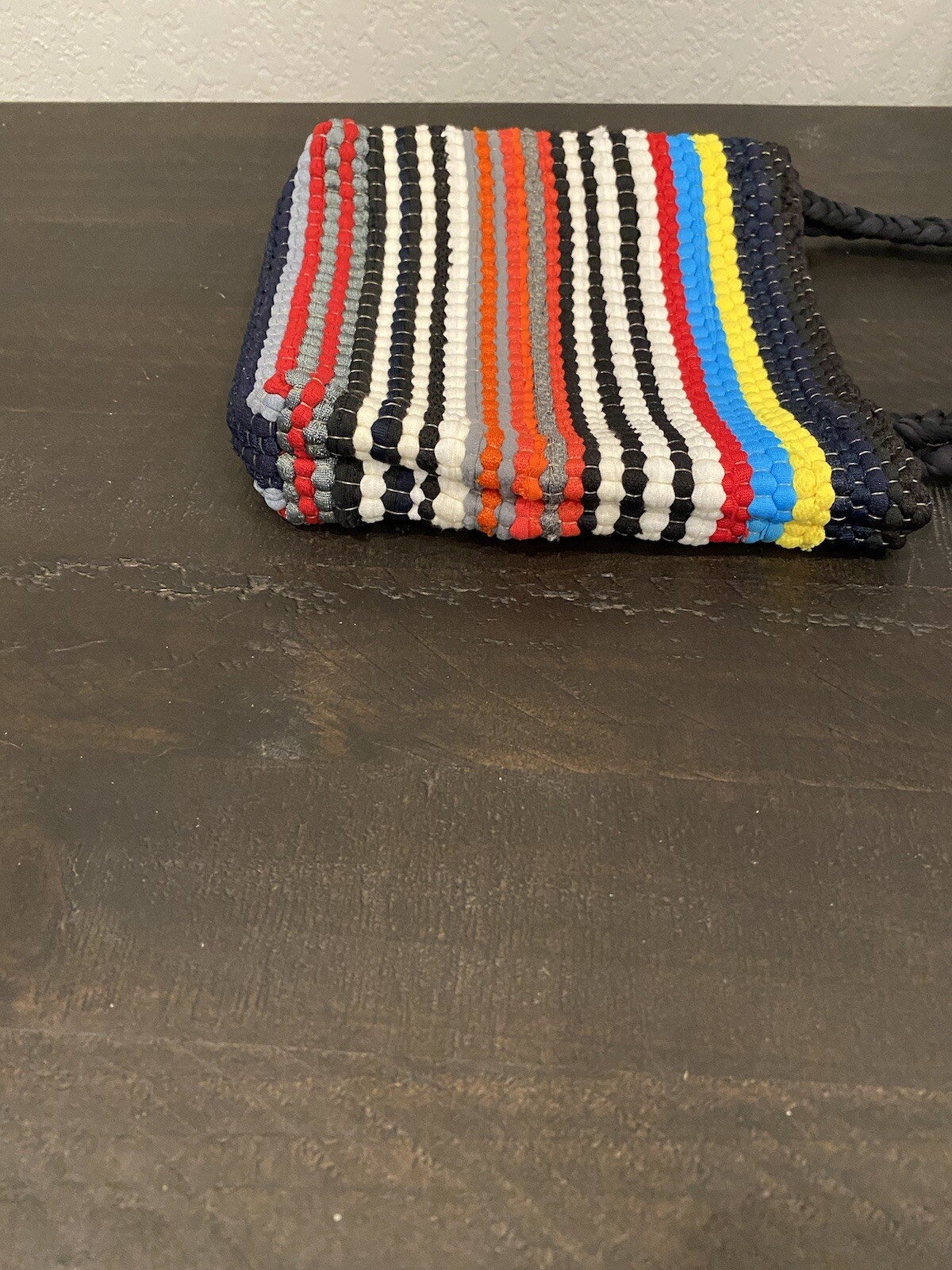Hand Crocheted Small Purse Striped Multicolor 7 1/2 In Tall 8 In Wide