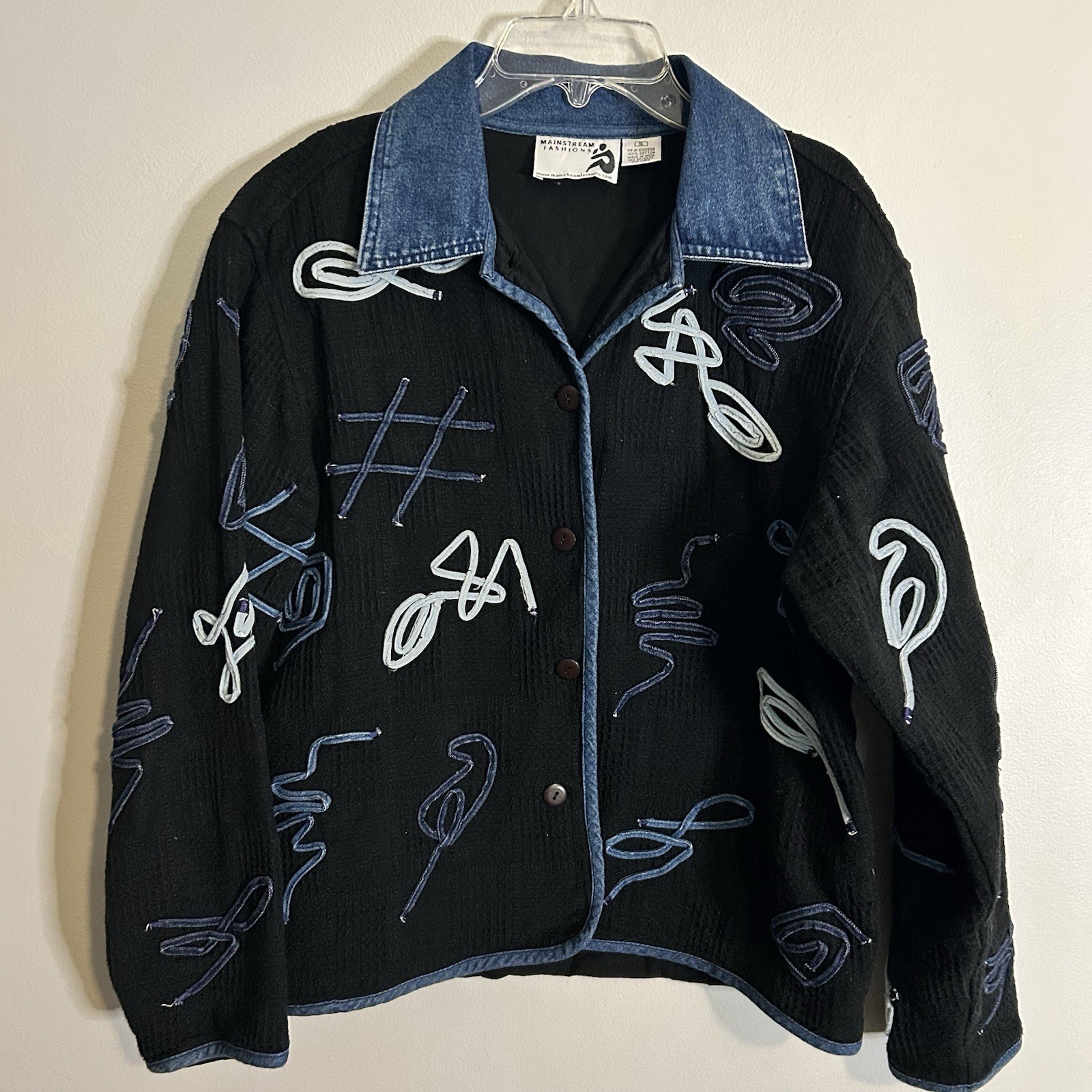 Vtg 90s Abstract Embroidered Jacket Denim Collar Boho Artsy Wearable Art Size S