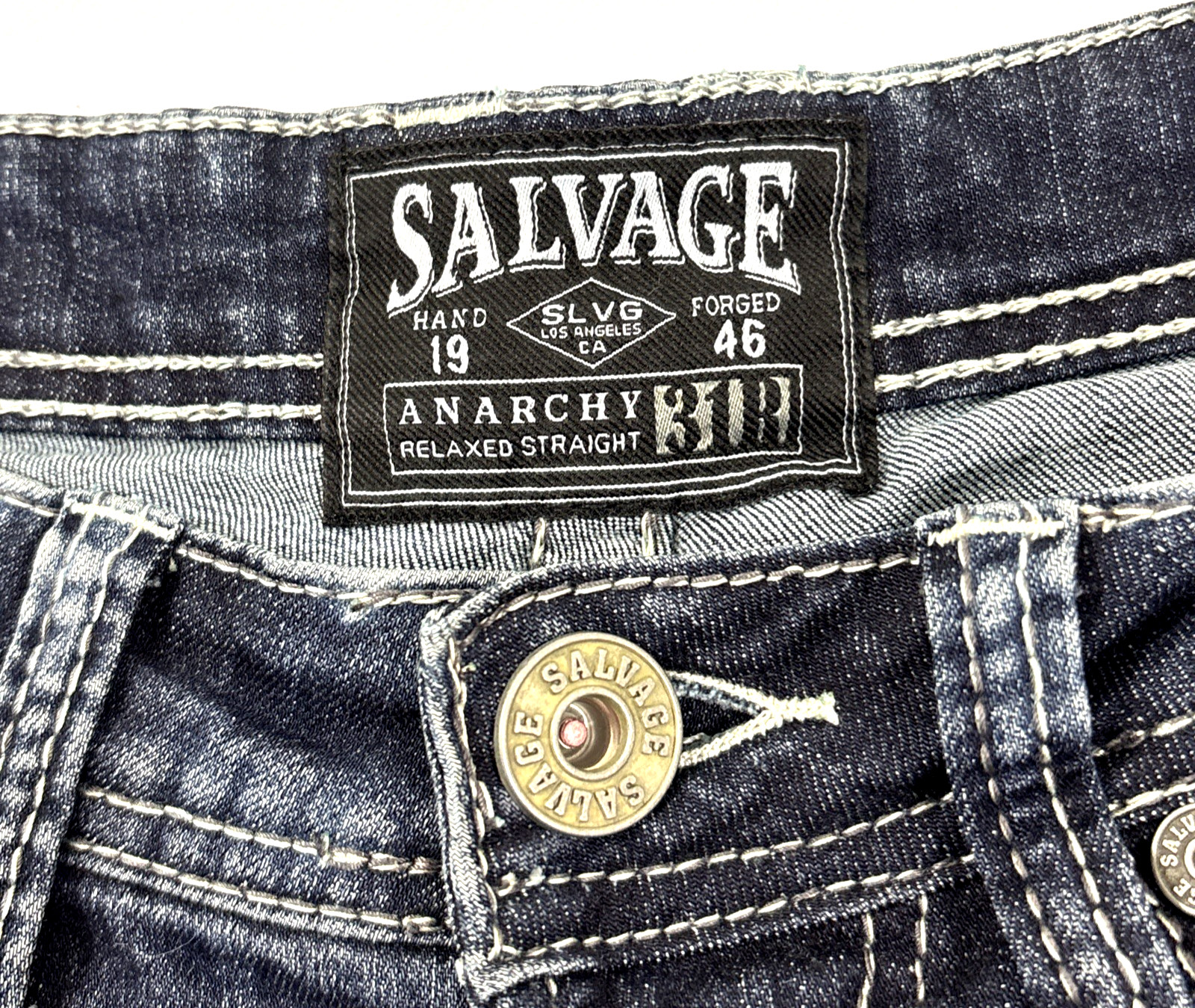 Salvage Denim Anarchy Jeans Mens 31R 32×32 Relaxed Straight Buckle Blue EUC
