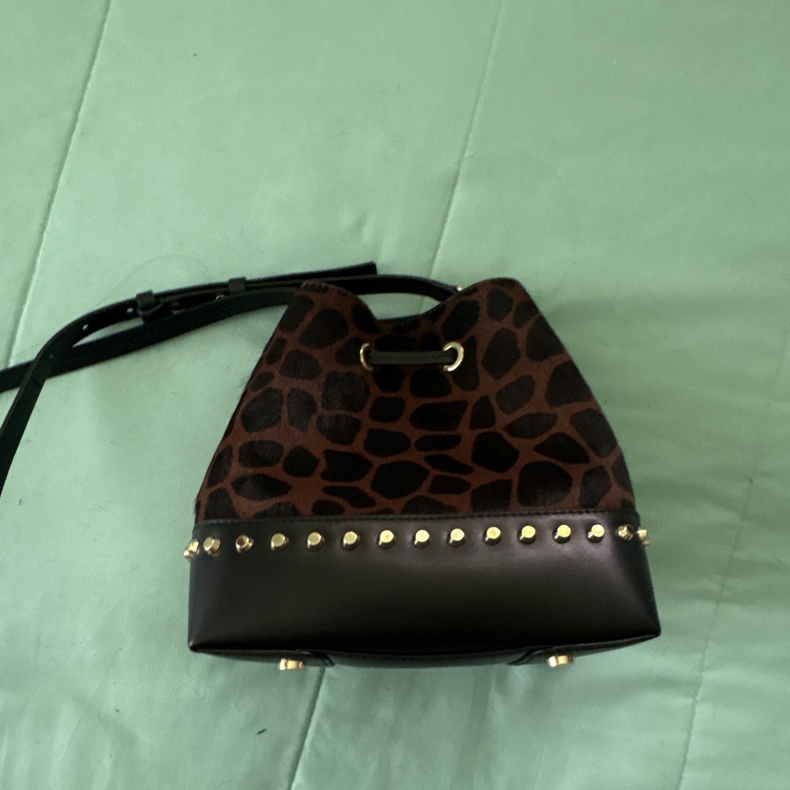 Michael Kors Brown/Black Animal Print Bucket Drawstring Studded Crossbody Bag