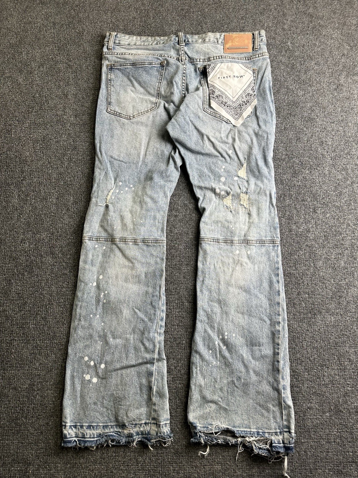 Mens First Row Distressed Paint Splatter Flare Jeans, Size 36×33