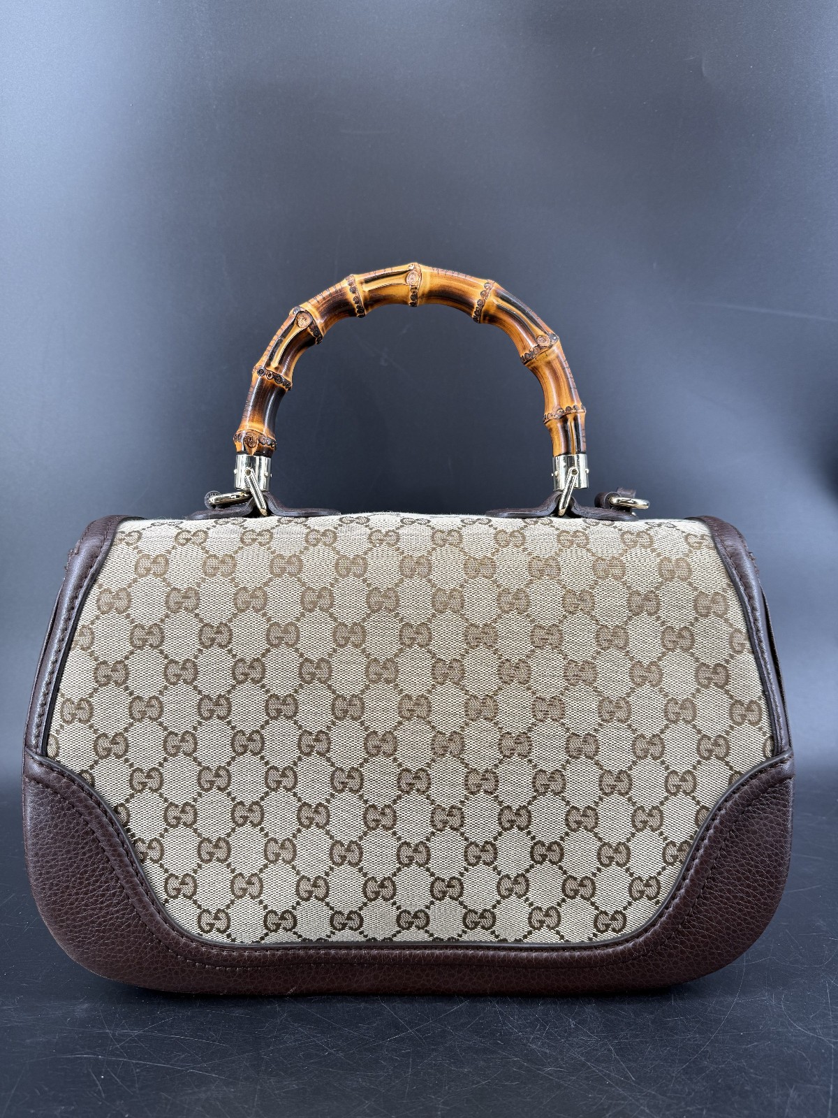 Gucci Beige/Ebony GG Canvas and Leather Large New Bamboo Top Handle Bag