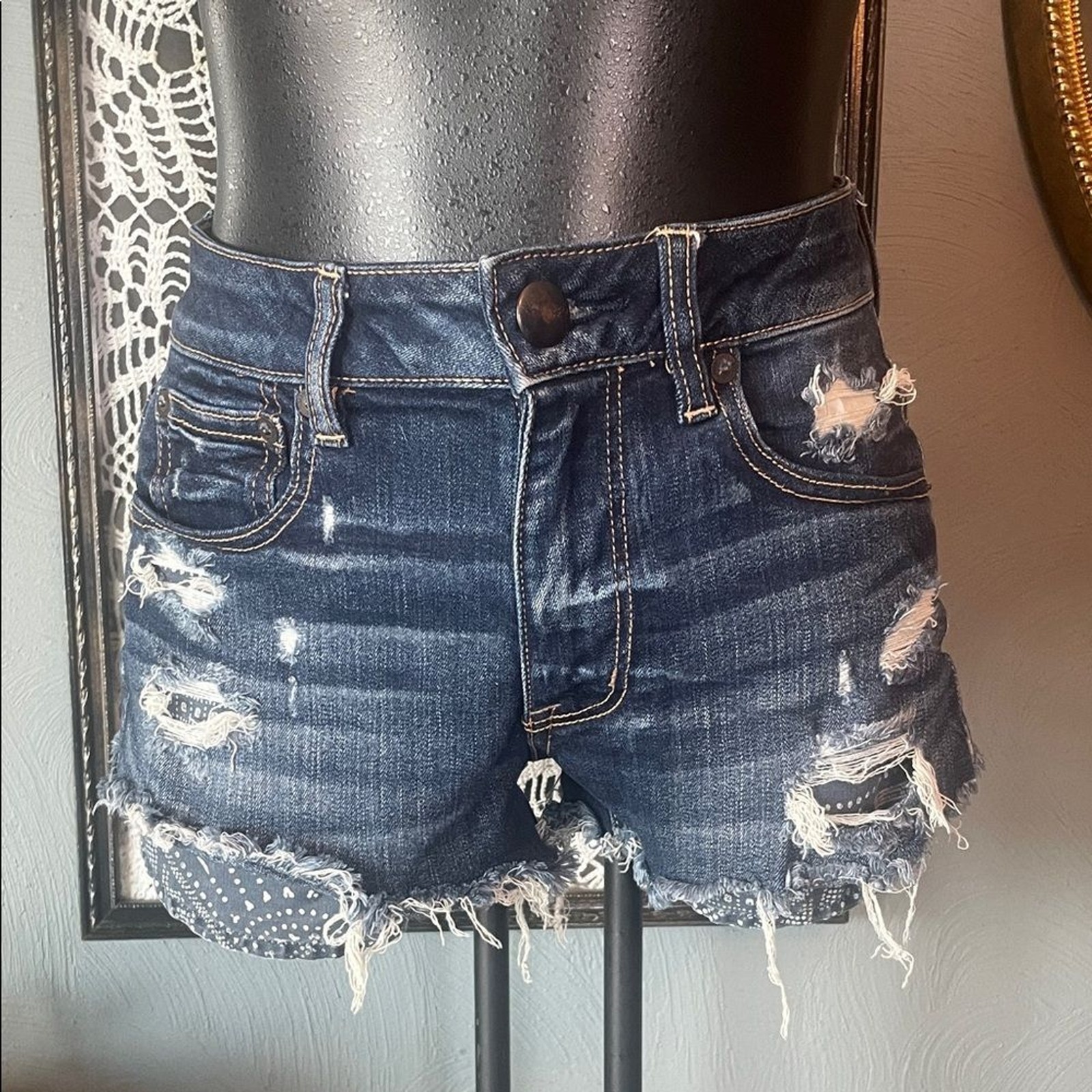 American Eagle Outfitters Dark Blue Distressed Jean Shorts