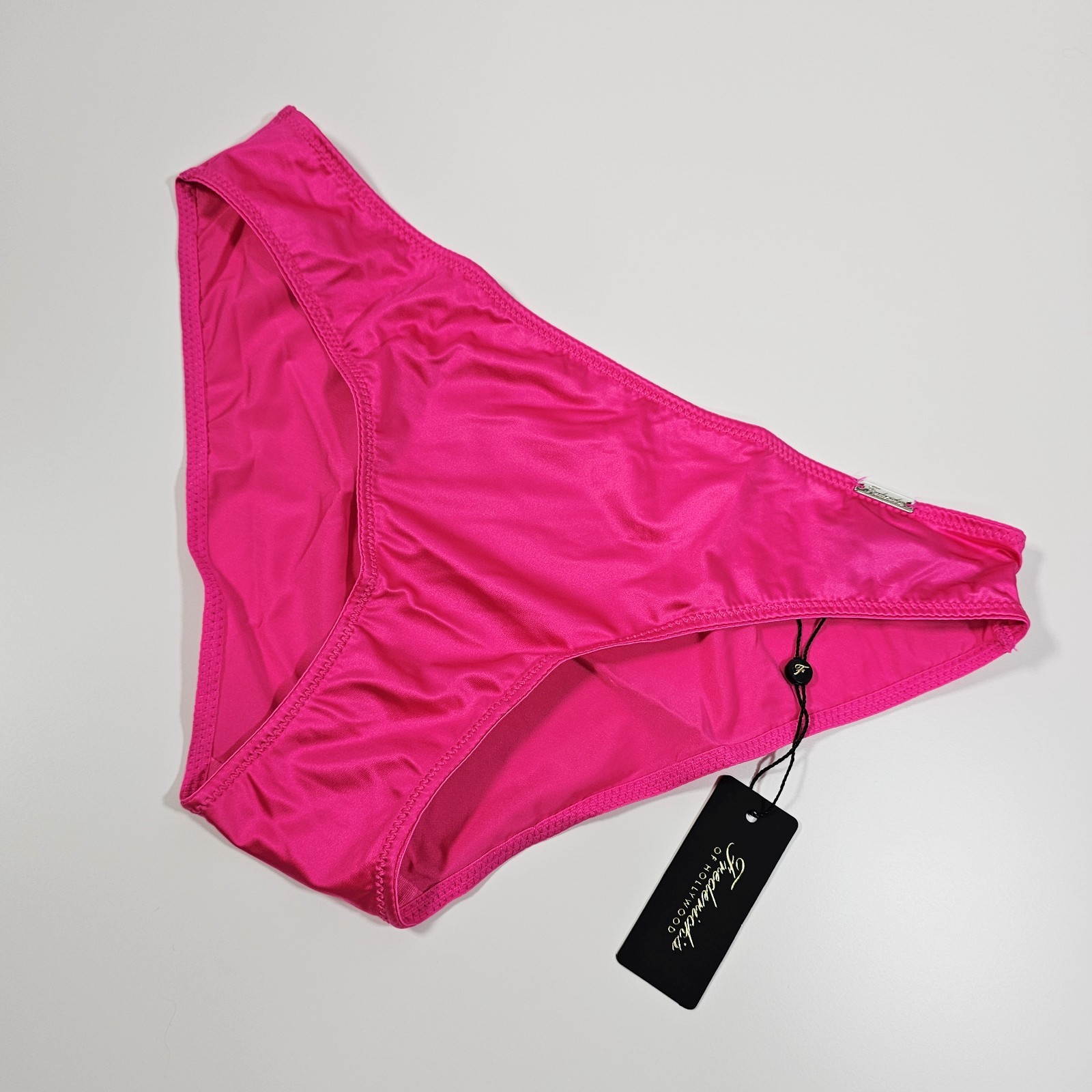 Frederick’s of Hollywood Silky Liquid Satin Hipster Panties with Logo, Hot Pink