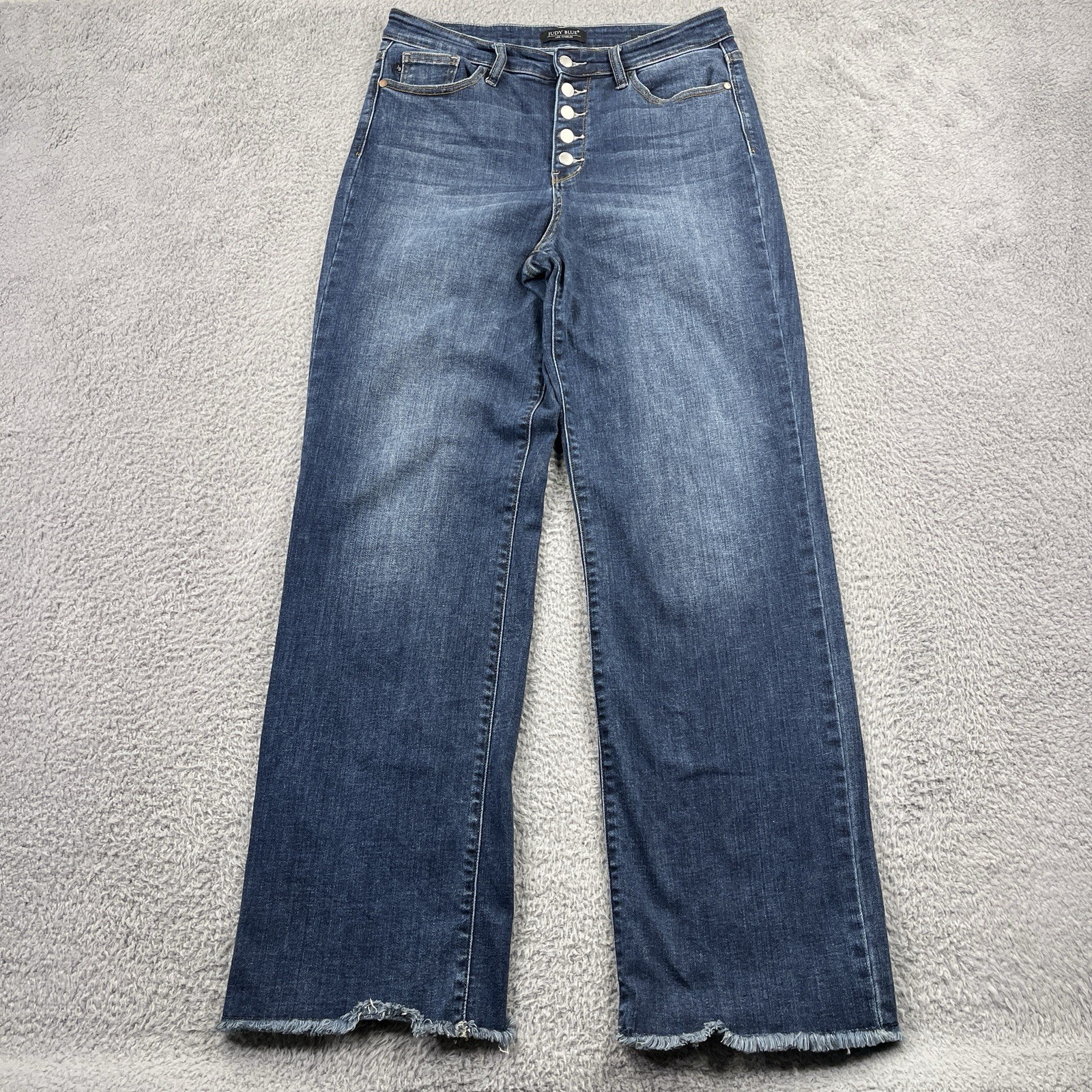 Judy Blue Jeans Womens 30 Blue Wide Leg High Rise Button Fly Raw Hem Dark Wash