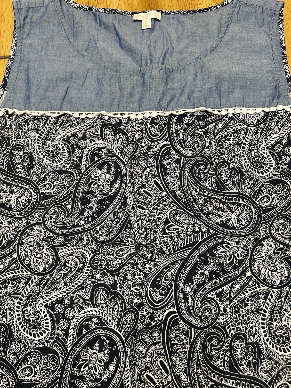 Talbots Women’s L Scoop Neck Sleeveless Paisley Tank Top Blue Black White