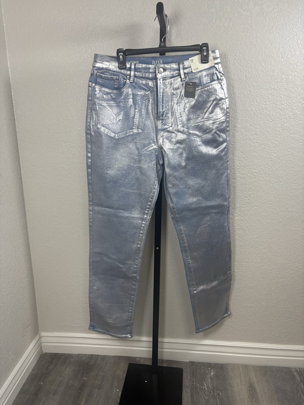 a.n.a Silver Straight Leg Jeans with Metallic Finish Size 4