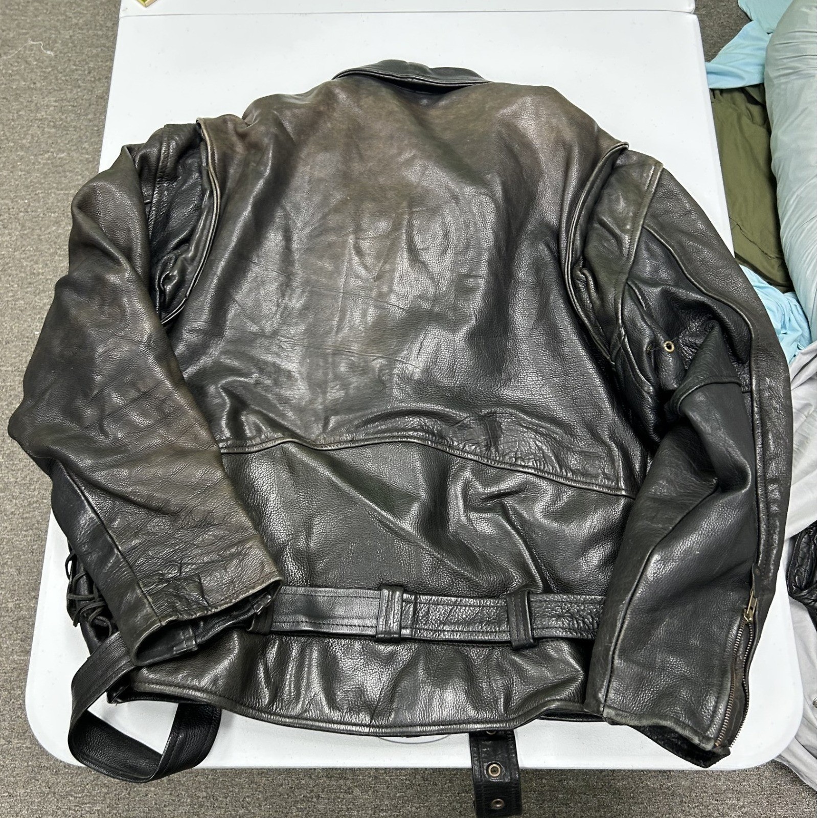 Leather Biker Jacket Mens XL Black Fair Distressed Moto Belted Rider