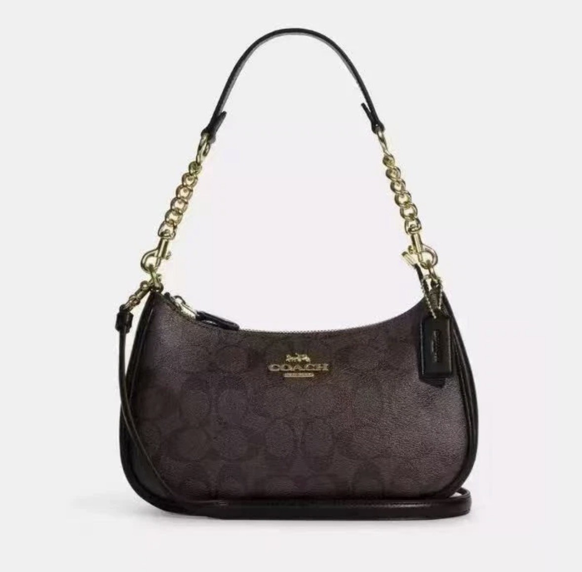COACH Teri Shoulder Bag In Signature Canvas Walnut Black Brand New