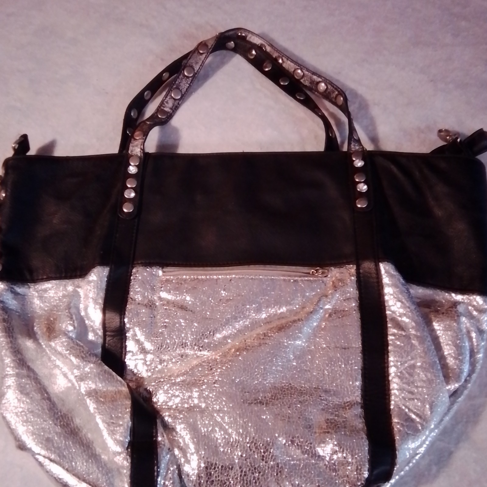 Womens Black Silver Large Shoulder Bag Zip Studded Metallic Floral Lined Pockets