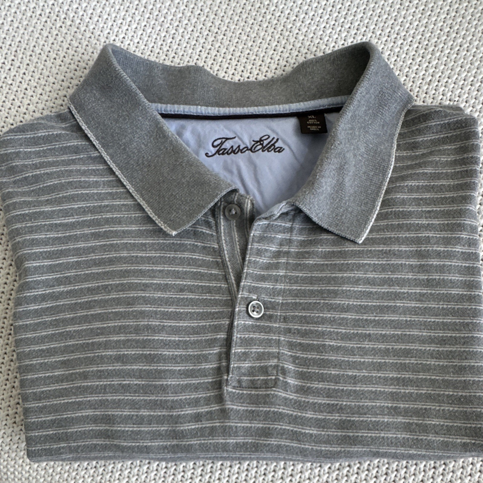 Tasso Elba Men’s XL Gray/White Striped Short Sleeve Collared Cotton Polo Button