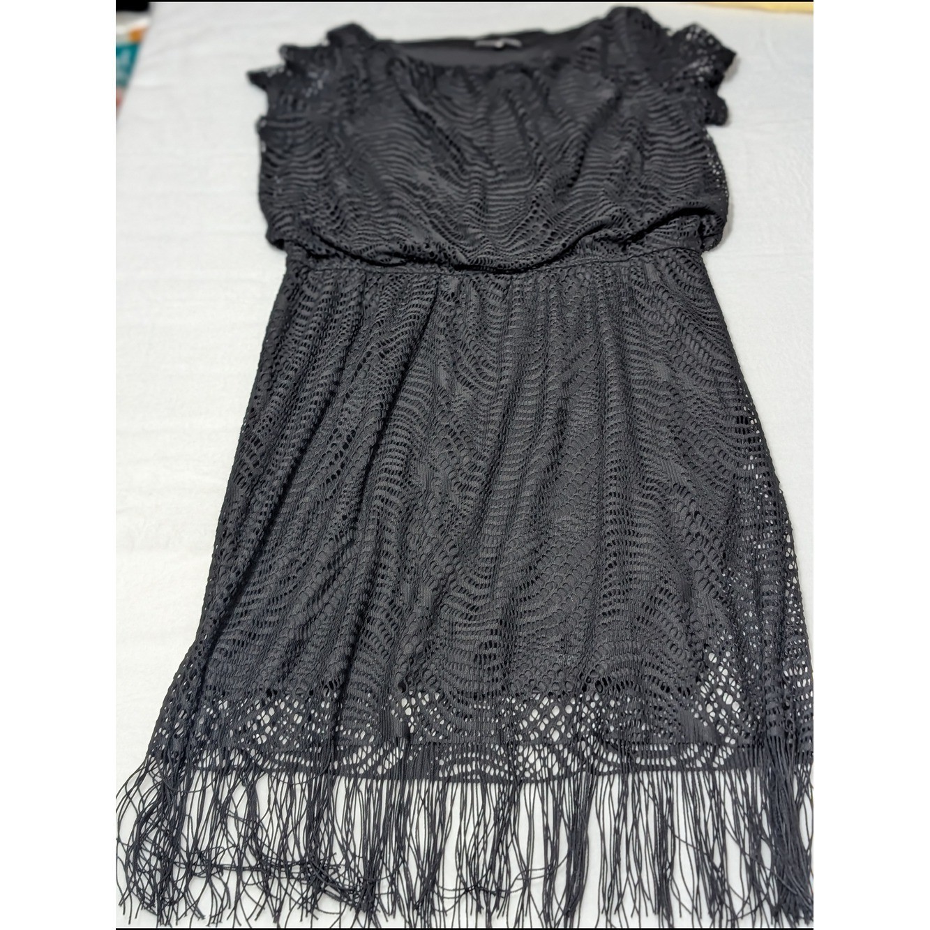 Covington Black Crochet Midi Dress with Fringe Western Size 16