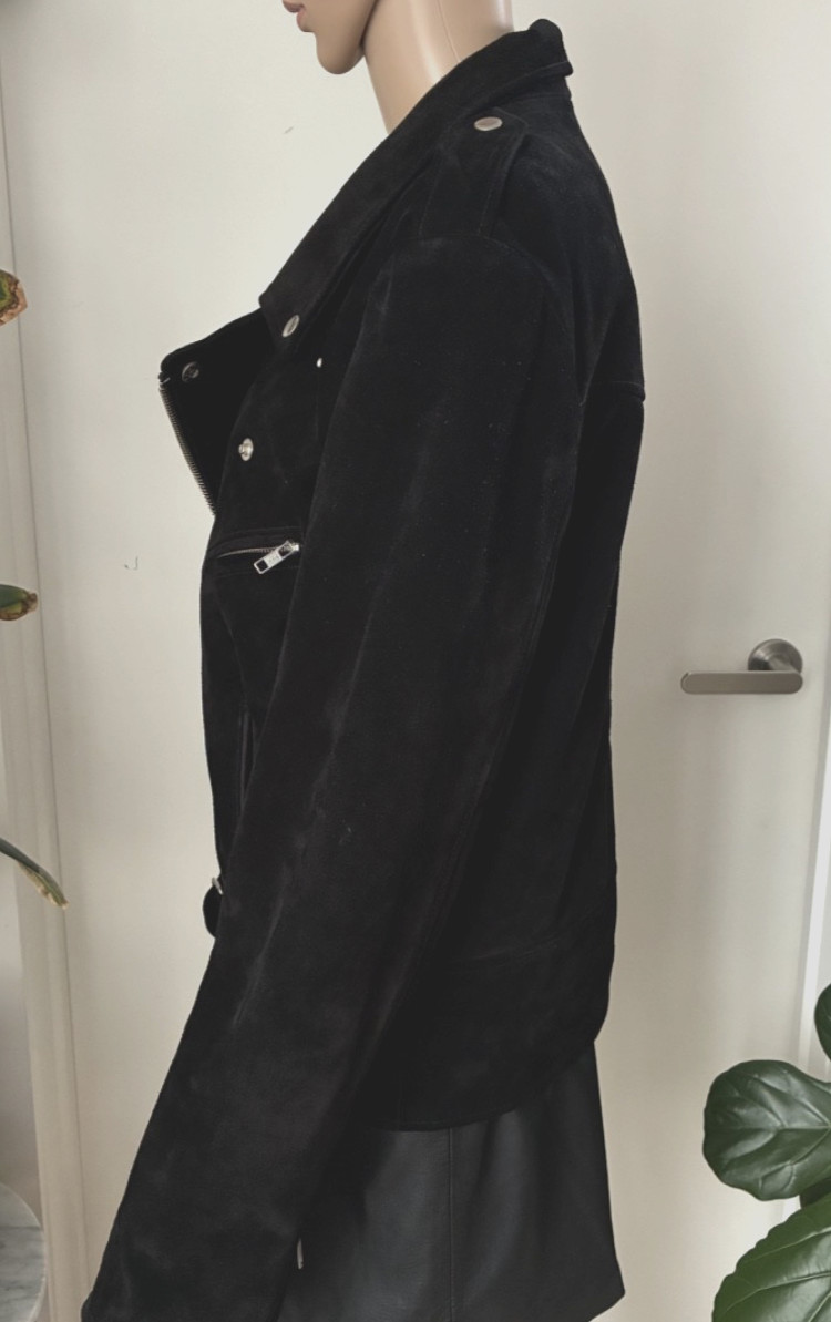 Rolla’s Black Suede Leather Moto Biker Jacket Size L Belted YKK Zip Lined