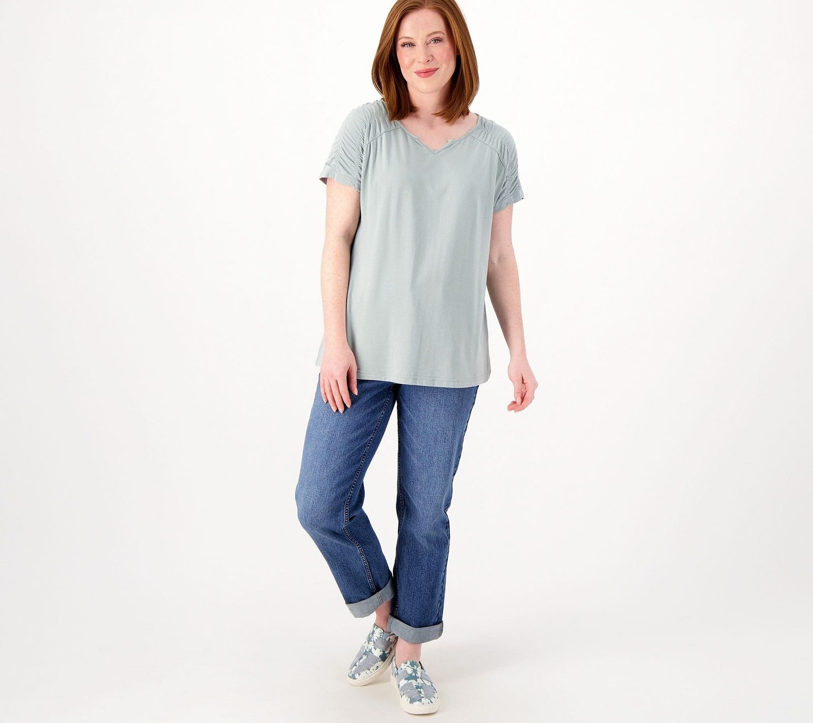 Laurie Felt Cotton Rayon Made From Bamboo Smocked Shoulder Tee Shirt Sage XXS Ne