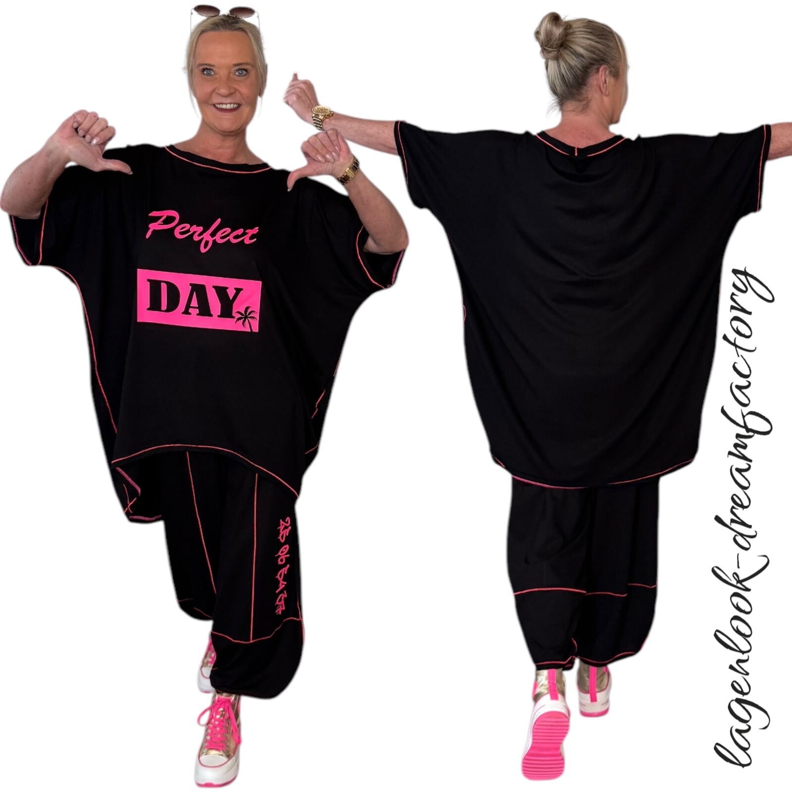 Lagenlook Balloon Jersey Jumper Short Sleeve Black Neon Pink 44 46 48 50 52 54 56 58
