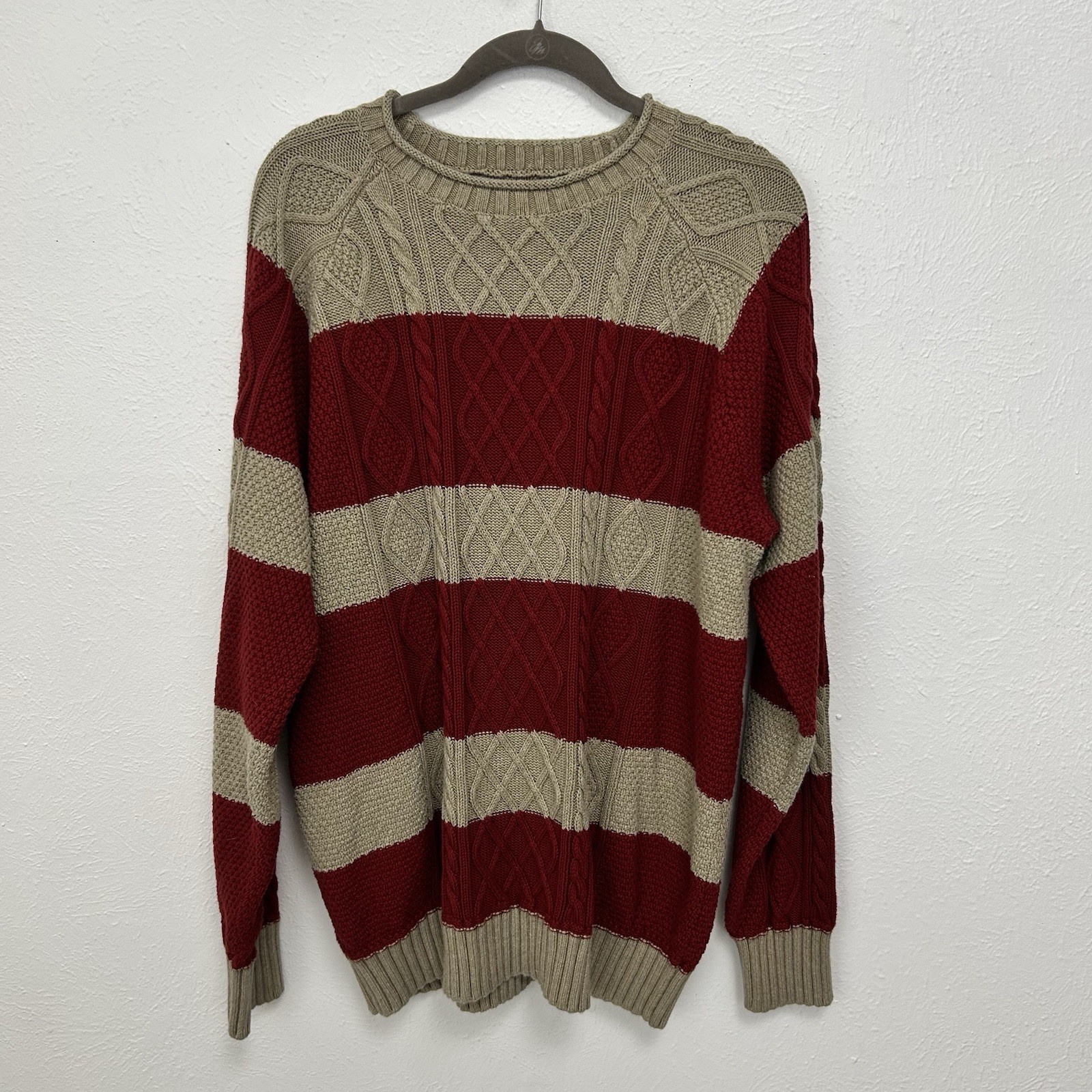 LL Bean Signature Men’s XXL Sweater Striped Cable Knit Red Beige Cotton Linen