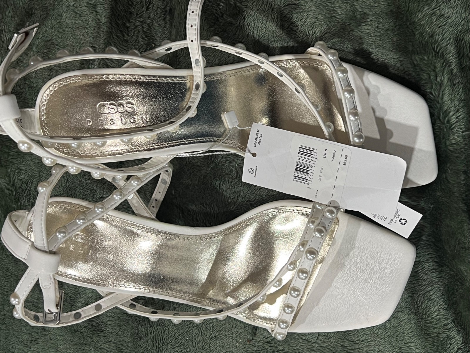 ASOS DESIGN Hotel Pearl Detail Barely There Block Heel Sandals in ivory.