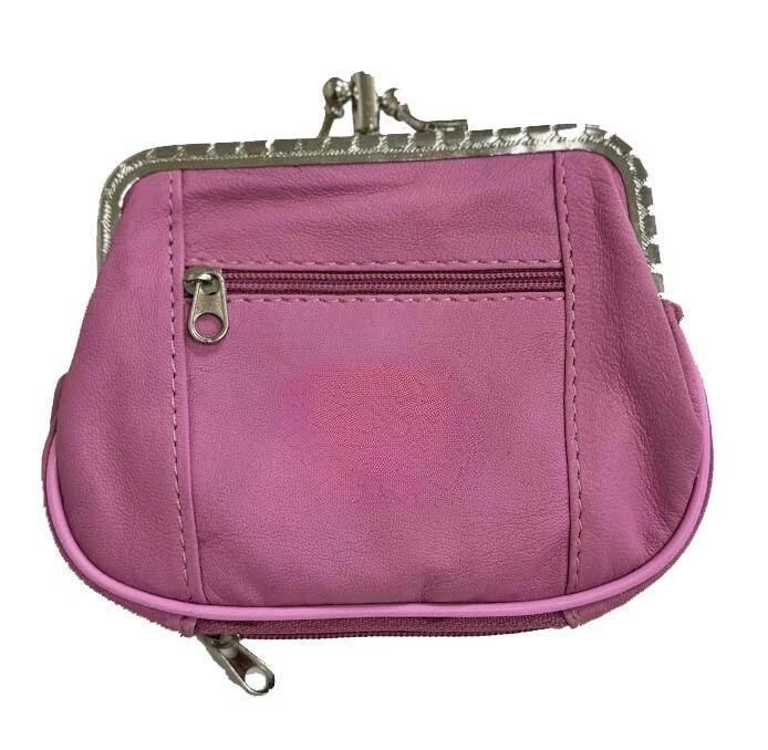 Pink Genuine Leather Woman Coin Purse Double Frame Change Wallet