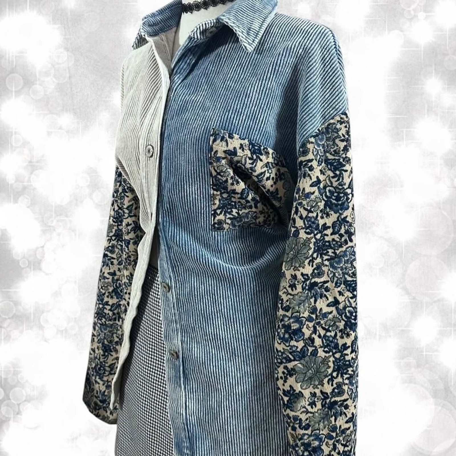 80s Corduroy or Y2K Style Ribbed Panels and Floral Sleeve Heavy Jacket