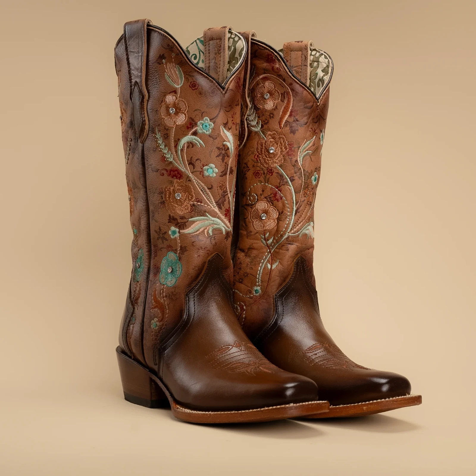 Women’s Rodeo Espresso Brown Turquoise Floral Embroidery Western Cowgirl Boots
