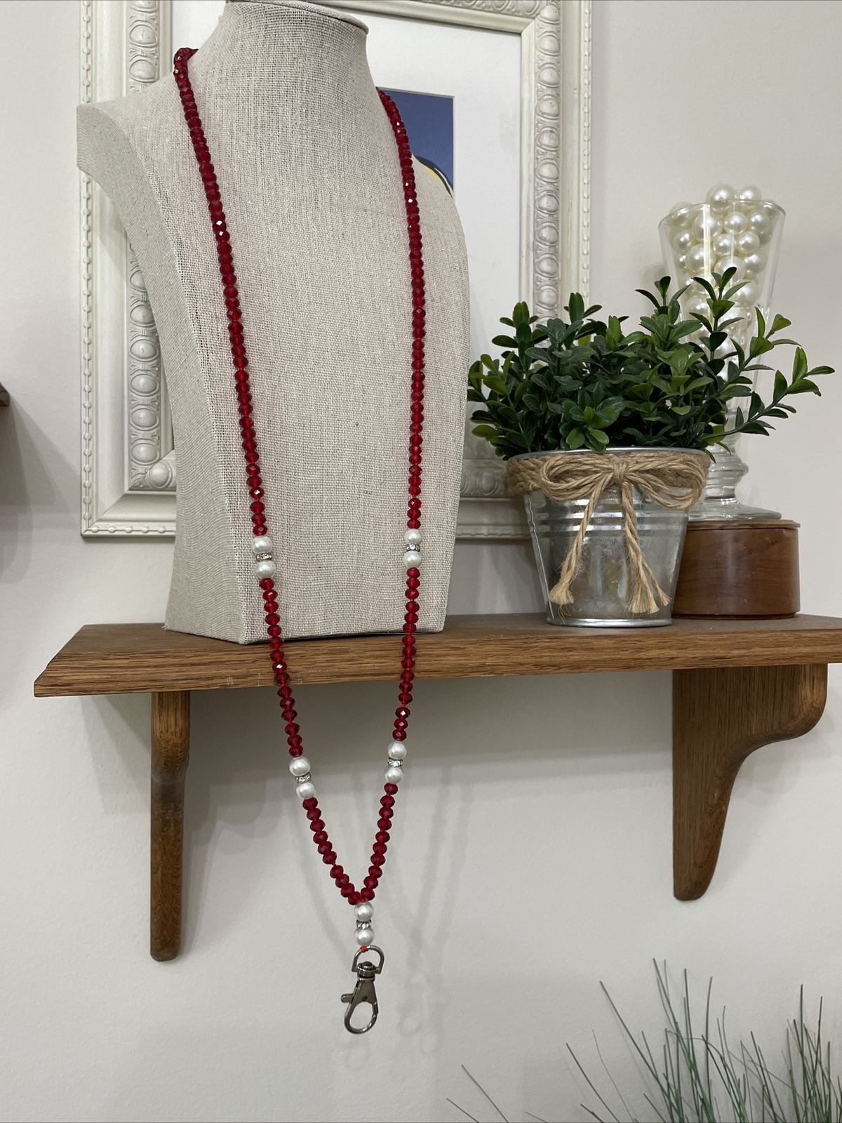 Crystal Lanyard Or Eyeglass Chain Red Crystal Pearl Rhinestone Beads 34” Strand