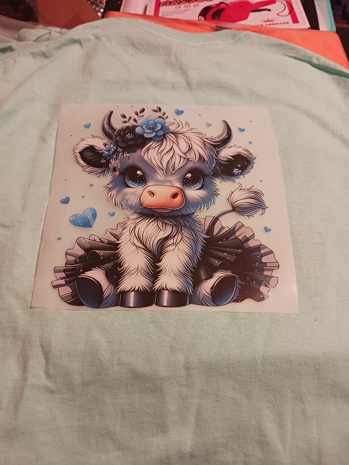 COW CUTE HIGHLAND COW BLUE FLOWERS BOW HEARTS GRAPHIC DESIGN SIZE 2XL