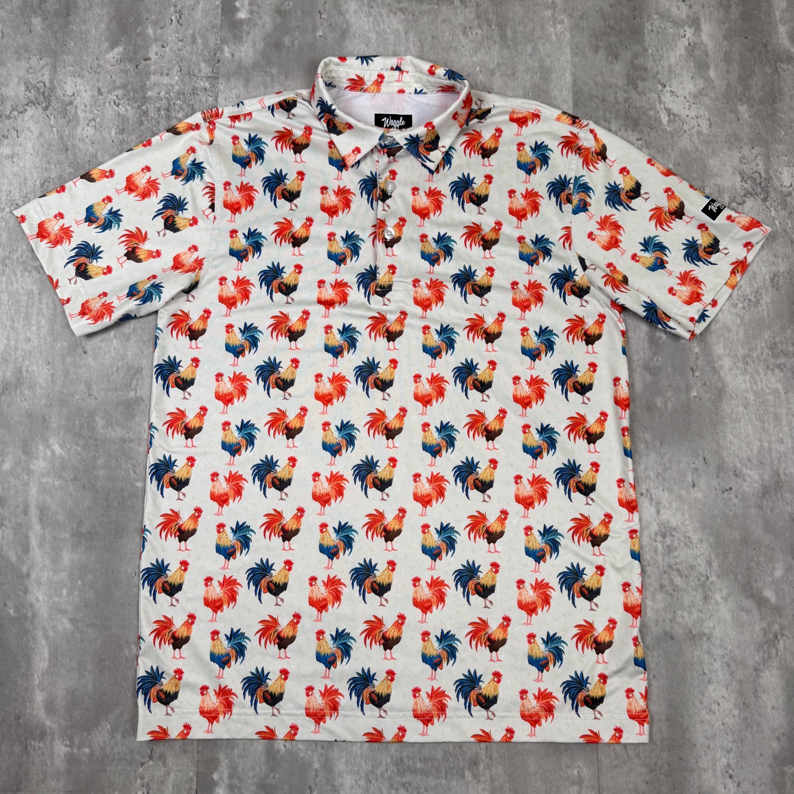 Waggle Golf Polo Shirt Mens Medium Performance Stretch Cocky Rooster Print