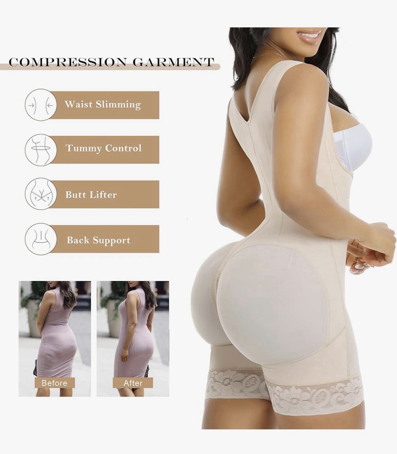YIANNA Beige Firm Control One Piece Shapewear Bodysuit Size LARGE