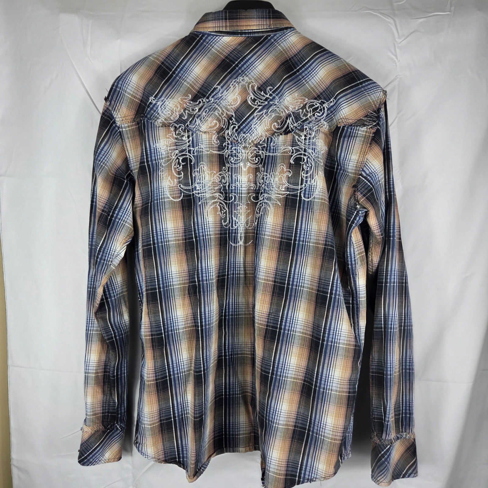 BKE Slim Fit Mens Western Snap Shirt XL Plaid Distressed Embroidered Blue Tan