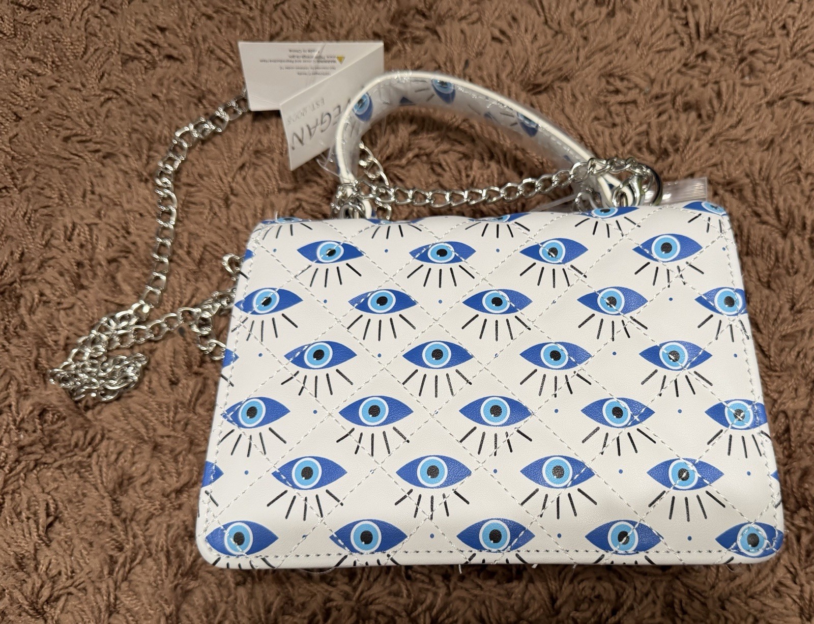 New White 100% Vegan Leather Evil Eye Crossbody Bag Detachable Chain Straps
